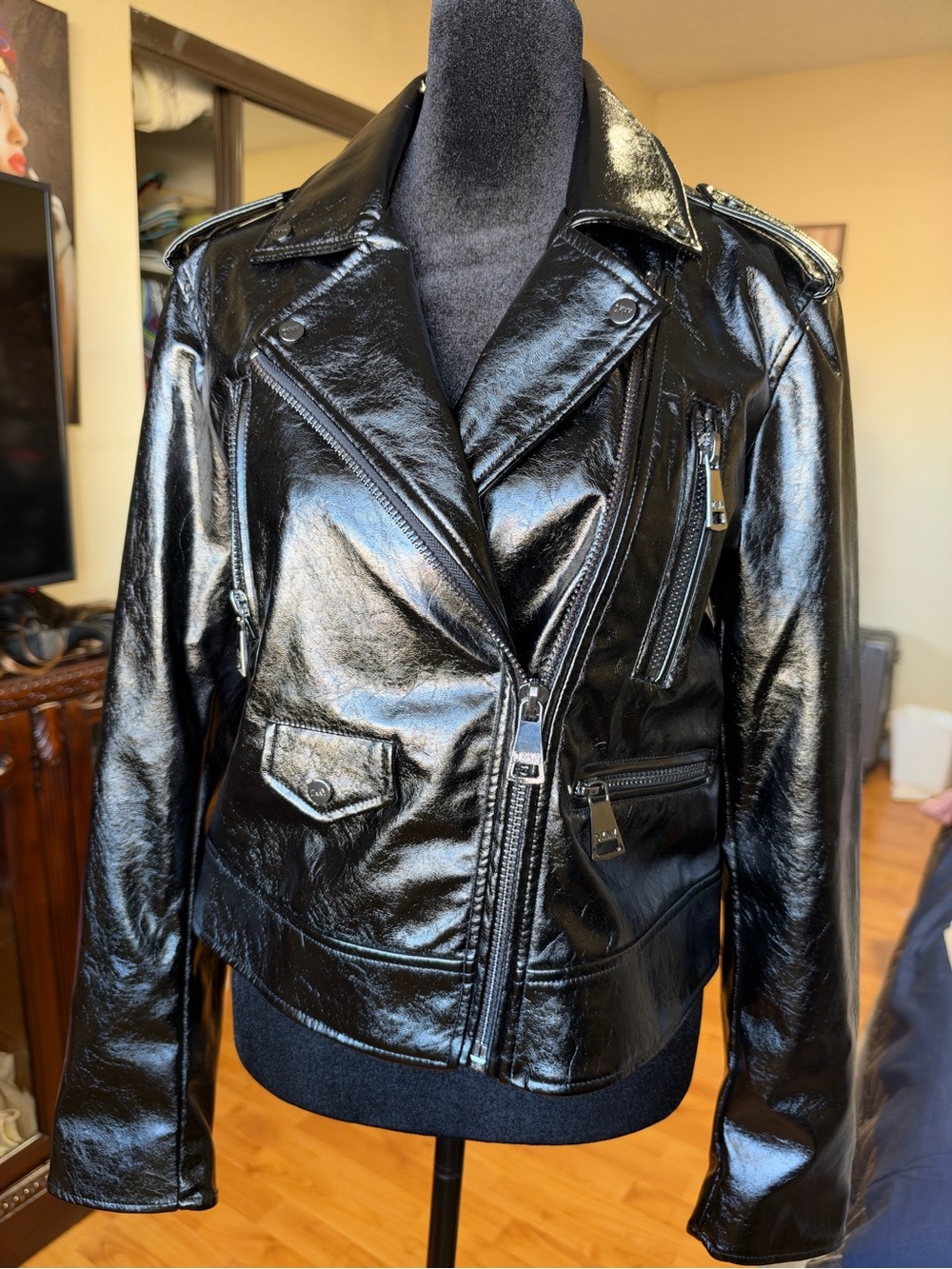 DKNY Black Patent Faux Leather Moto Jacket XS Glossy Biker Motorcycle Zip